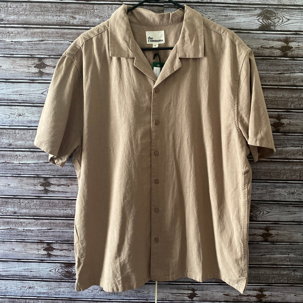 The Commons Men's Short-Sleeved Camp Collar Button-Down Shirt Size XL Brown NWT